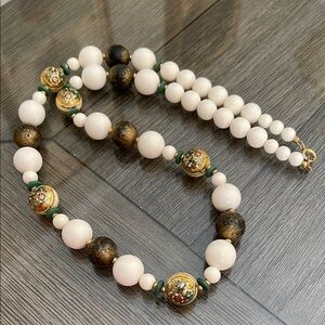 Vintage Japan White Green & Gold Foil Beaded Necklace